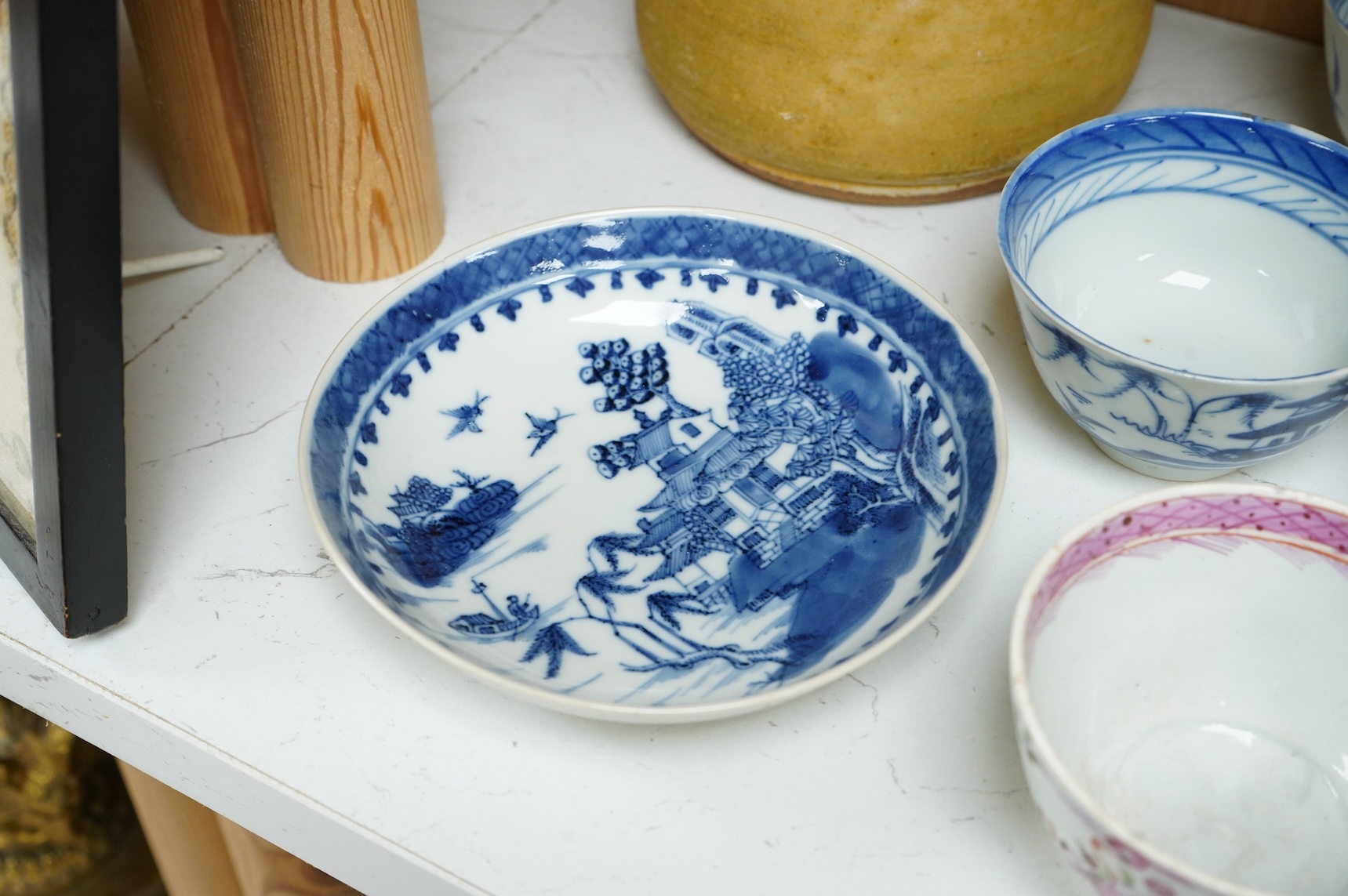 A collection of 18th century and later Chinese tea wares, a studio pottery jug & an R&L Parian bust of Handel, tallest 25cm